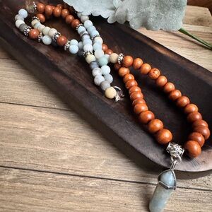 Bohemian & wooden Beaded Necklace with Amazonite pendant